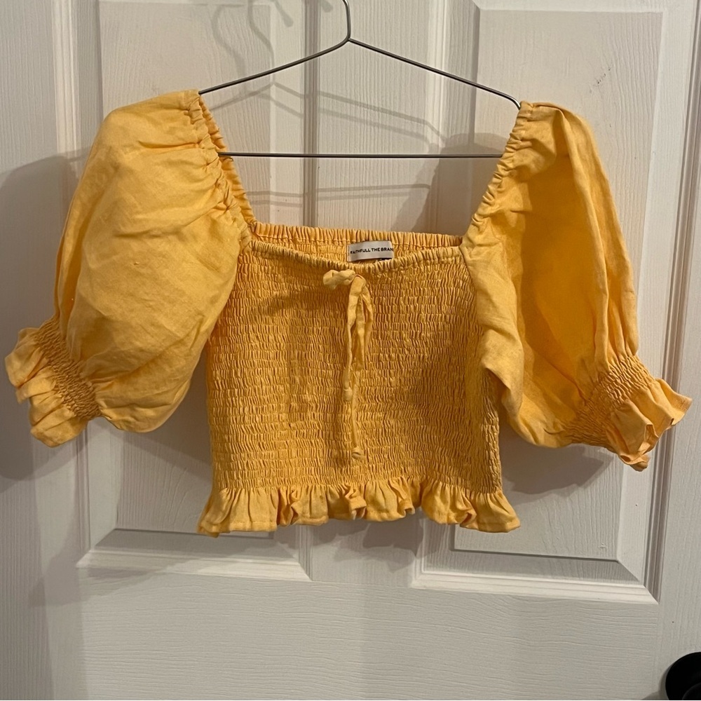 Faithfull Smocked Linen Puff Sleeve Crop Top